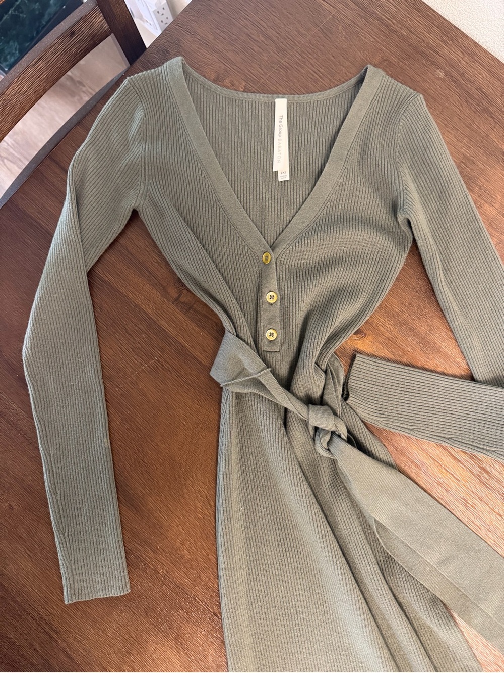 Babaton Olive Ribbed V-Neck Wrap Dress with Tie